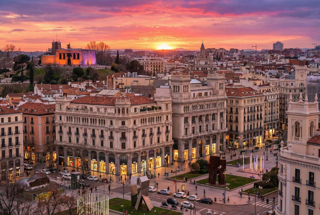 Elevated view from a hillside overlooking Madrid at sunset