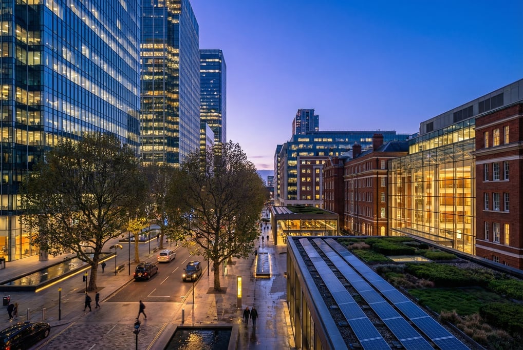 Wide shot of a Canary Wharf plaza with modern glass towers in London at blue hour dusk