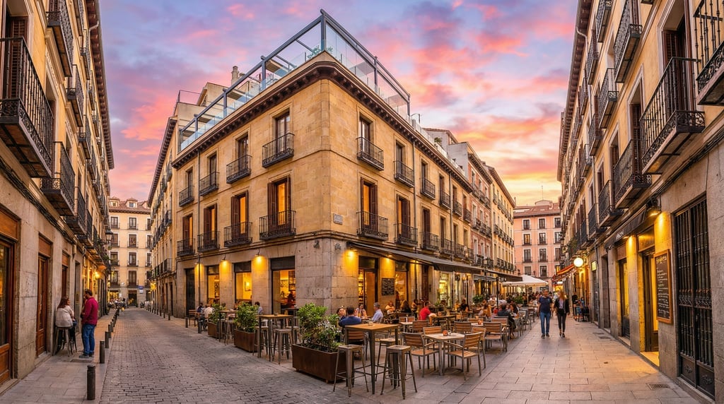 Wide shot of a narrow Malasaña side street with contemporary tapas bars in Madrid at sunset