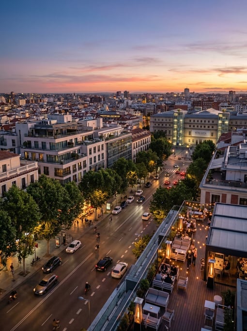 Elevated view from a hillside overlooking Madrid during the magic hour just after sunset