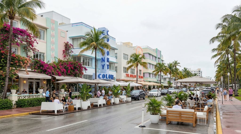 Wide shot of Ocean Drive with palm trees and outdoor dining in Miami on a bright overcast day