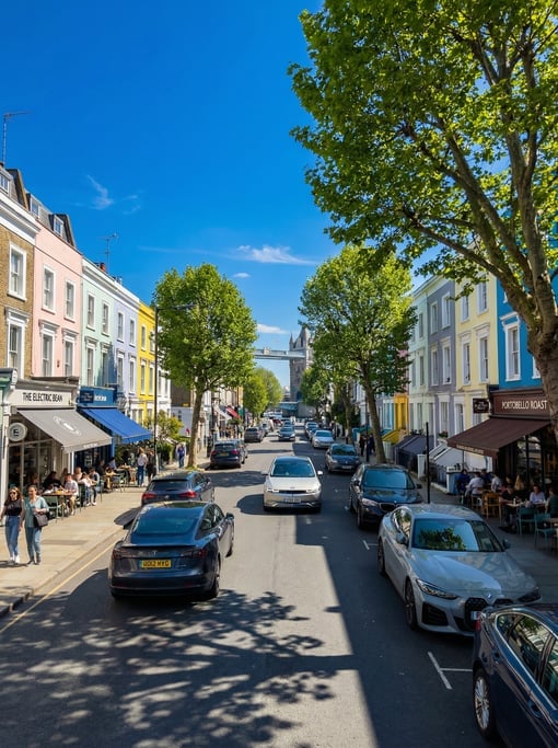 Wide-angle photograph of a Notting Hill street with colorful houses and modern cafés in London on a