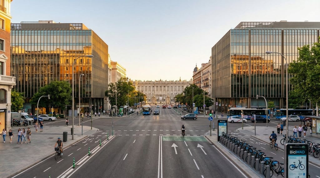 Street-level photograph looking down a busy intersection in Madrid at golden hour