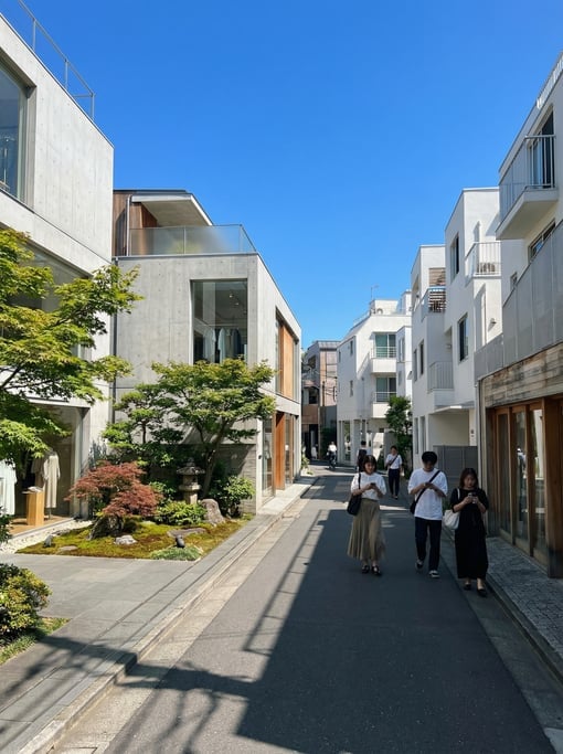 Wide shot of a quiet Daikanyama side street with contemporary boutiques in Tokyo on a vivid sunny af