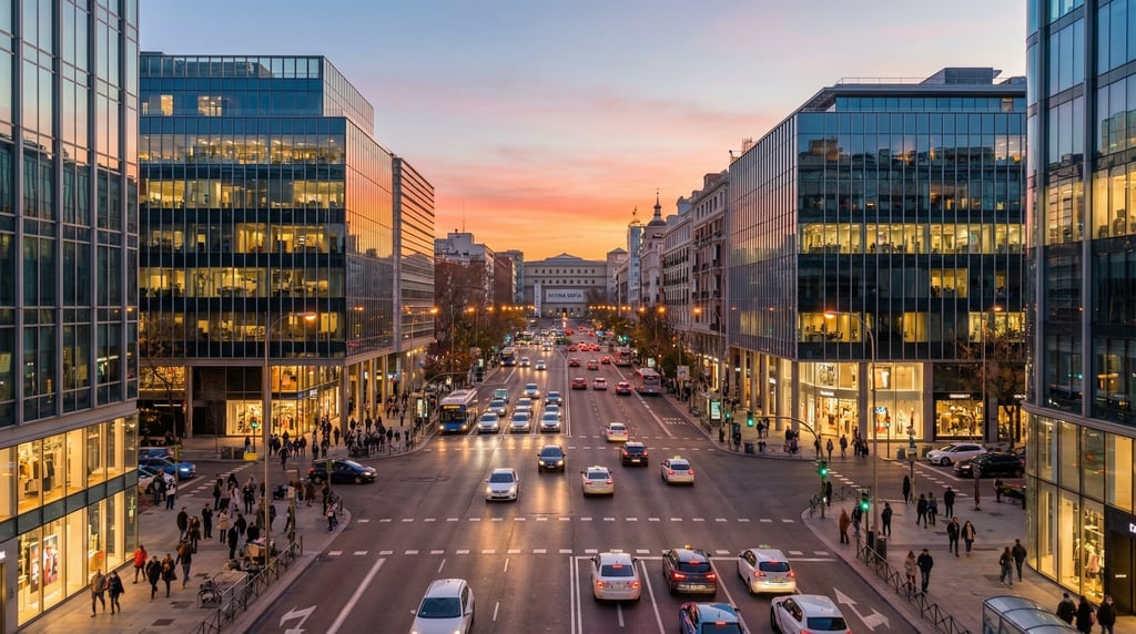 Three-quarter angle view of a busy intersection in Madrid during the magic hour just after sunset