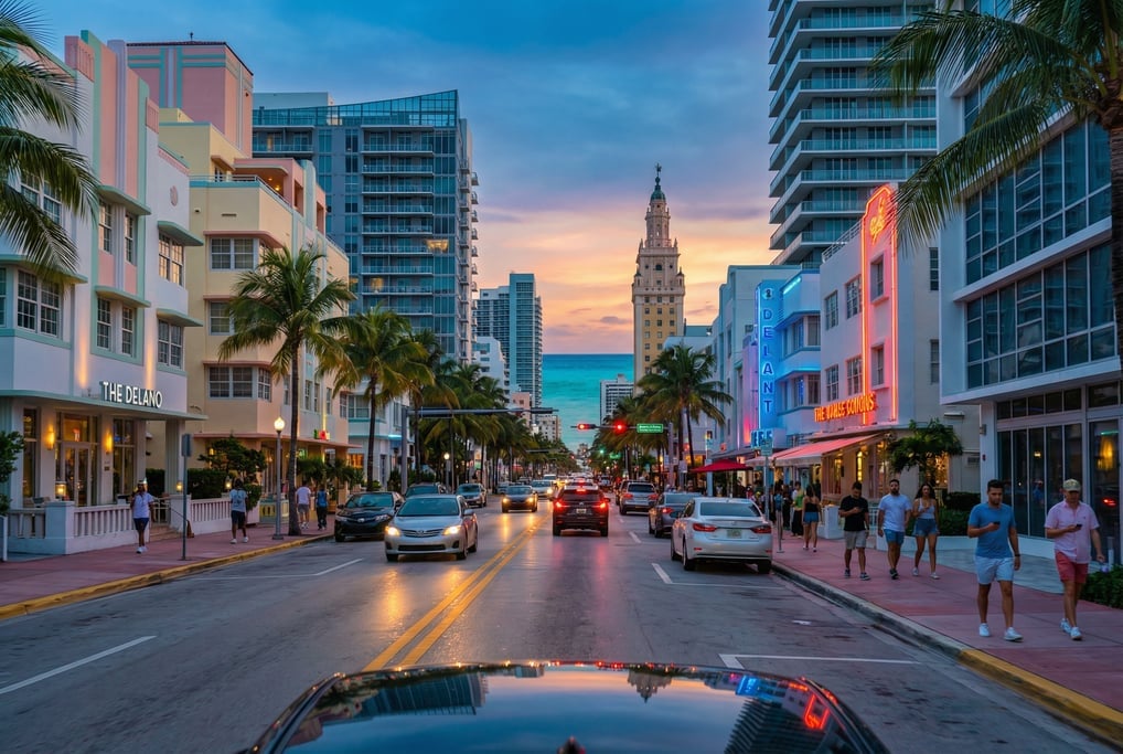 First-person perspective driving through Collins Avenue with a mix of Deco and modern architecture i