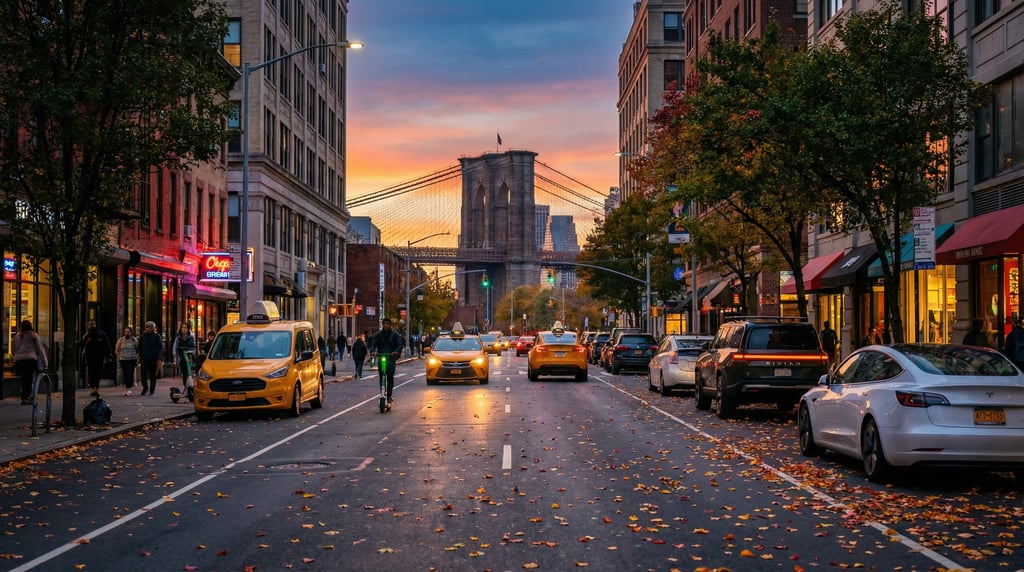 Street-level photograph looking down a busy Midtown avenue with yellow cabs and modern rideshare veh