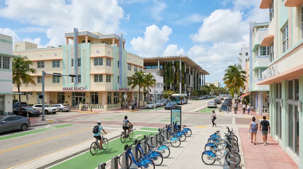 Three-quarter angle view of a busy intersection in Miami on a clear spring day