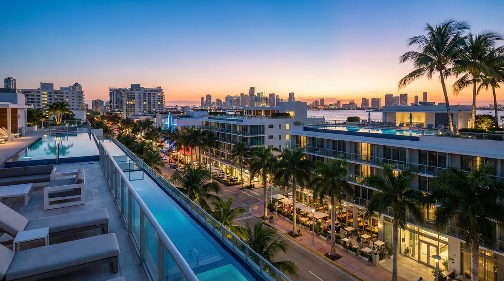 Elevated view from a rooftop terrace overlooking Ocean Drive with palm trees and outdoor dining in M