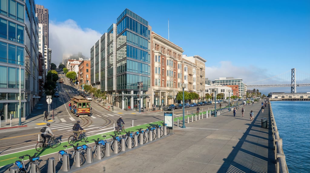Three-quarter angle view of the Embarcadero waterfront promenade in San Francisco on a bright clear