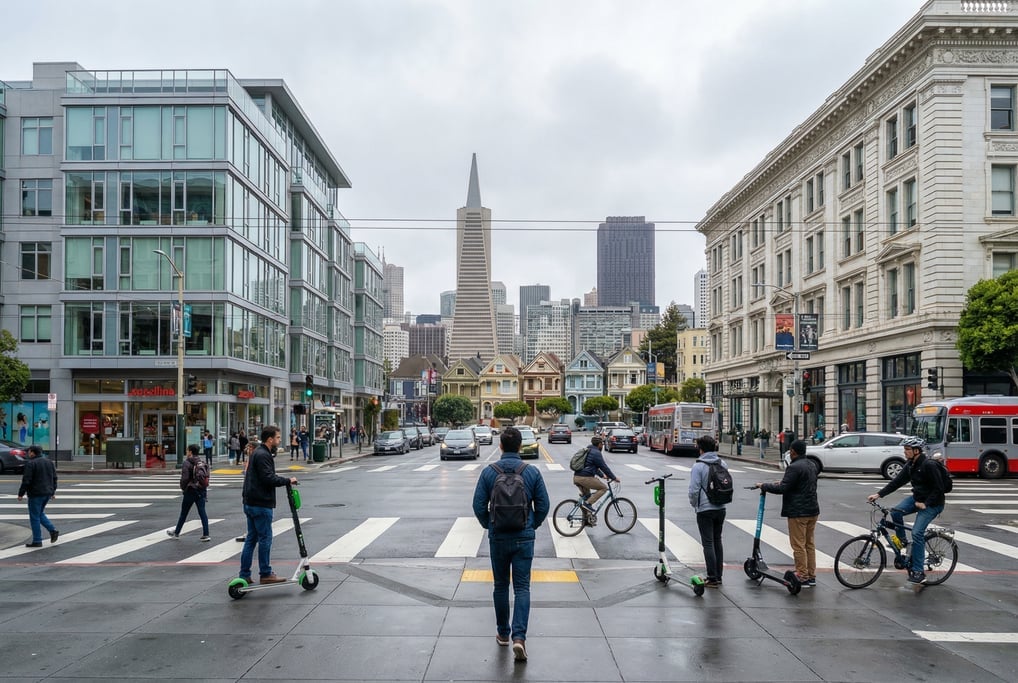 Point-of-view shot walking through a busy intersection in San Francisco on a bright overcast day