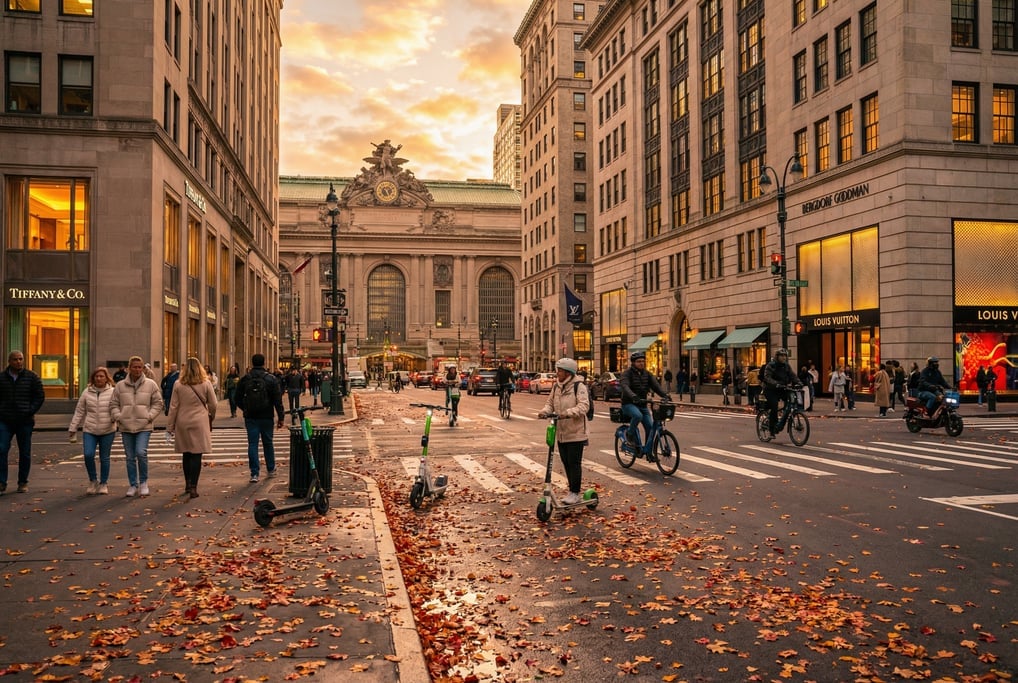 Street-level photograph looking down Fifth Avenue with luxury flagship stores in New York City at go