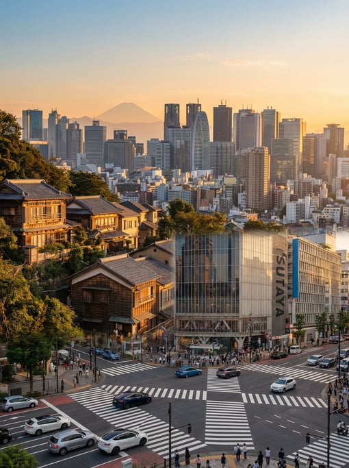 Elevated view from a hillside overlooking Tokyo at golden hour