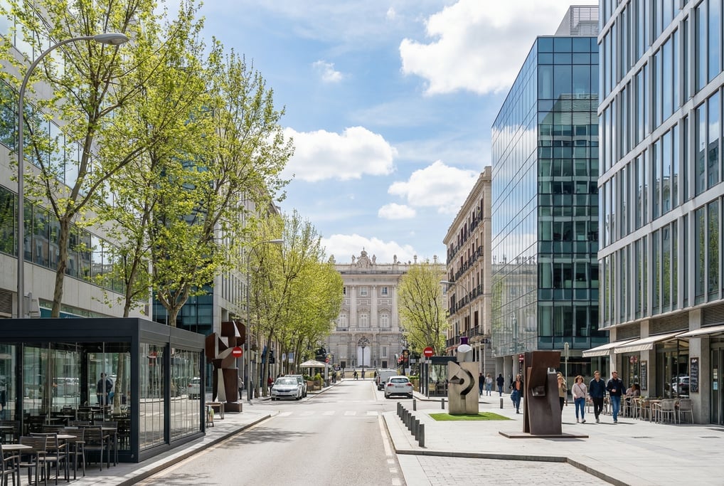 Wide shot of a narrow Malasaña side street with contemporary tapas bars in Madrid on a clear spring