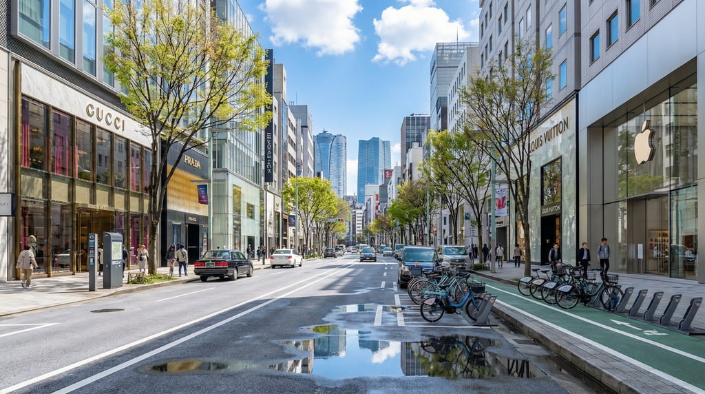 Cinematic wide shot of a Ginza boulevard with luxury flagship stores in Tokyo on a clear spring day