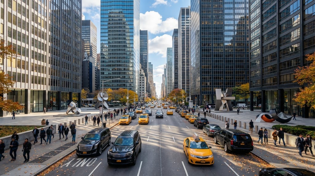 Wide shot of a busy Midtown avenue with yellow cabs and modern rideshare vehicles in New York City o