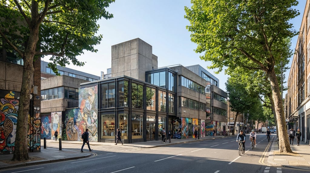 Wide shot of a Shoreditch side street with street art and modern coffee shops in London on a bright