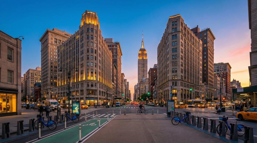 Cinematic wide shot of a busy intersection in New York City during the magic hour just after sunset