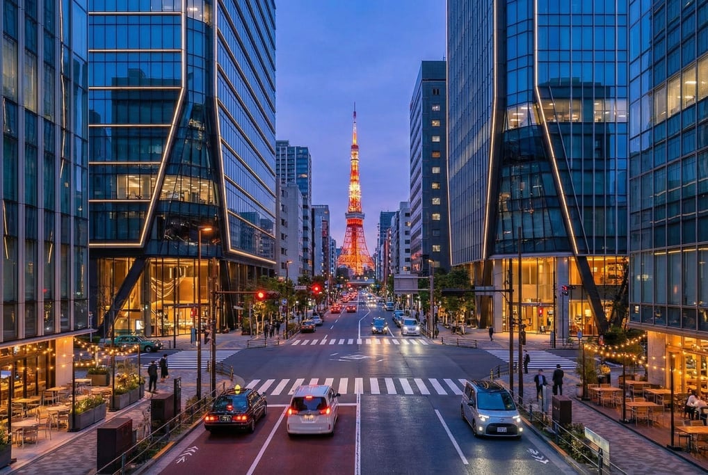 Looking straight down the length of a busy intersection in Tokyo at blue hour dusk