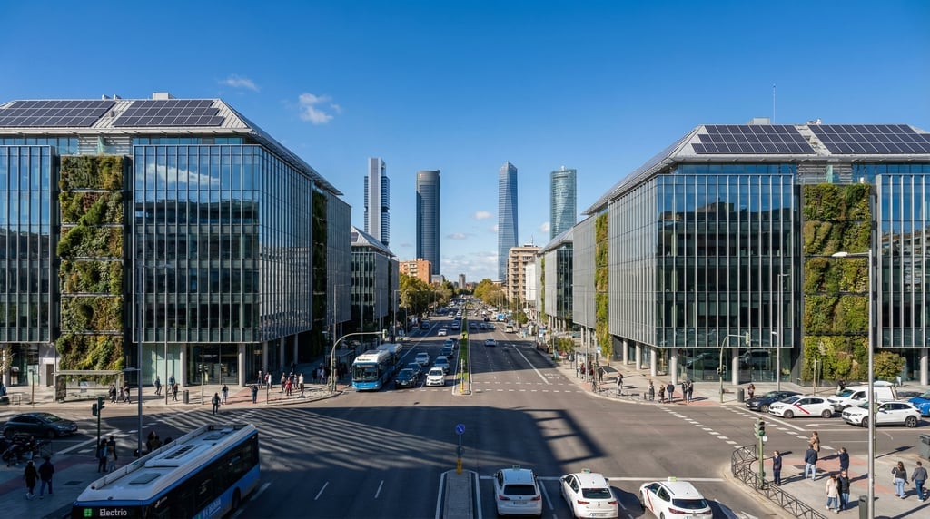 Street-level photograph looking down a busy intersection in Madrid on a vivid sunny afternoon