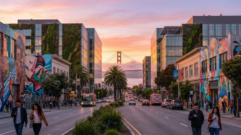 Point-of-view shot walking through a wide boulevard through the Mission District with modern murals