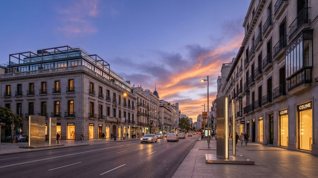 Wide shot of Calle Serrano with luxury boutiques and modern shopfronts in Madrid at blue hour dusk