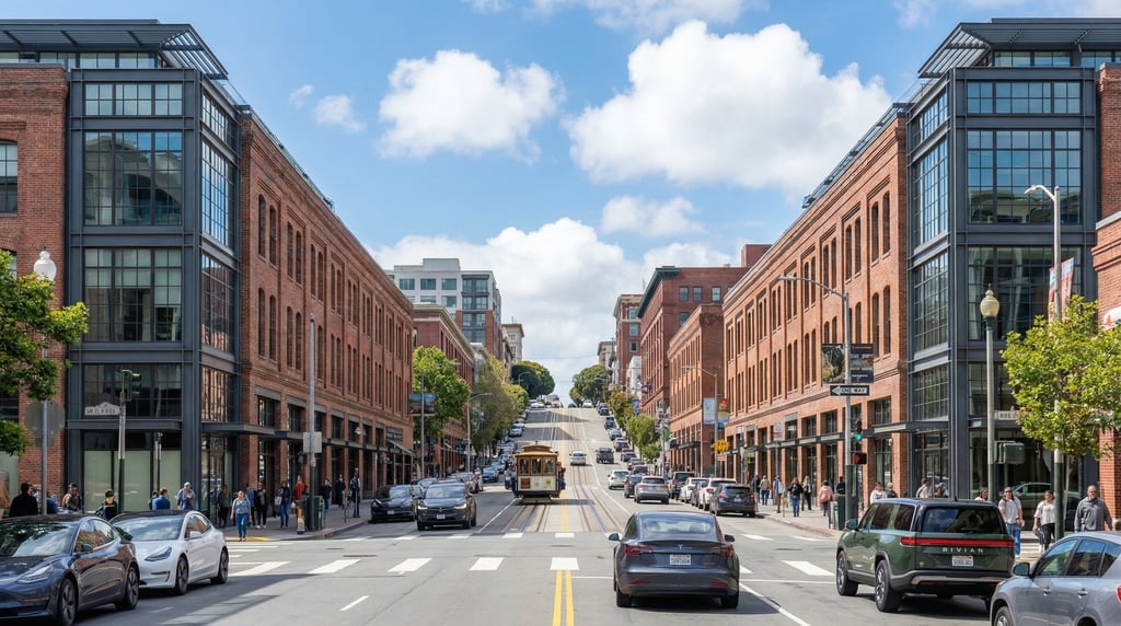 Looking straight down the length of a busy intersection in San Francisco on a clear spring day