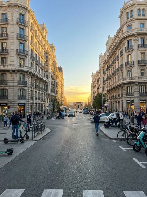 Point-of-view shot walking through a busy intersection in Madrid on a bright clear morning