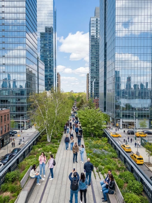 Looking straight down the length of the High Line elevated park with the city visible below in New Y