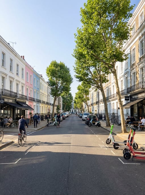 Wide shot of a Notting Hill street with colorful houses and modern cafés in London on a bright clear