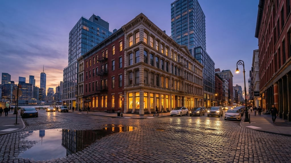 Wide shot of a SoHo cobblestone street with designer storefronts in New York City at blue hour dusk