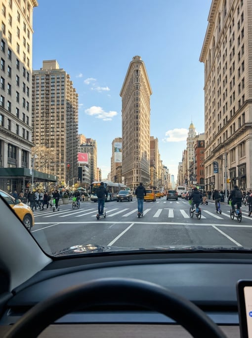 First-person perspective driving through a busy intersection in New York City on a bright clear morn