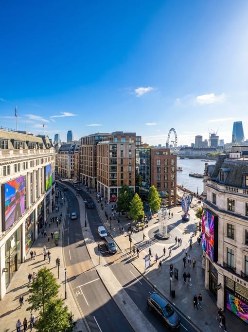 Wide shot of Regent Street curving with flagship stores and LED displays in London on a vivid sunny