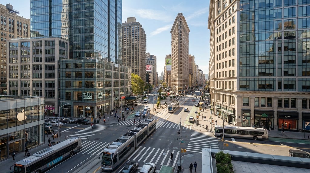 Elevated view from a rooftop terrace overlooking a busy intersection in New York City on a bright cl