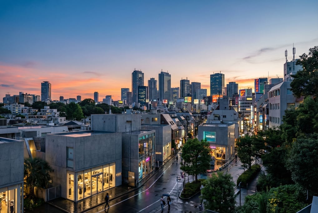 Elevated view from a hillside overlooking Tokyo during the magic hour just after sunset