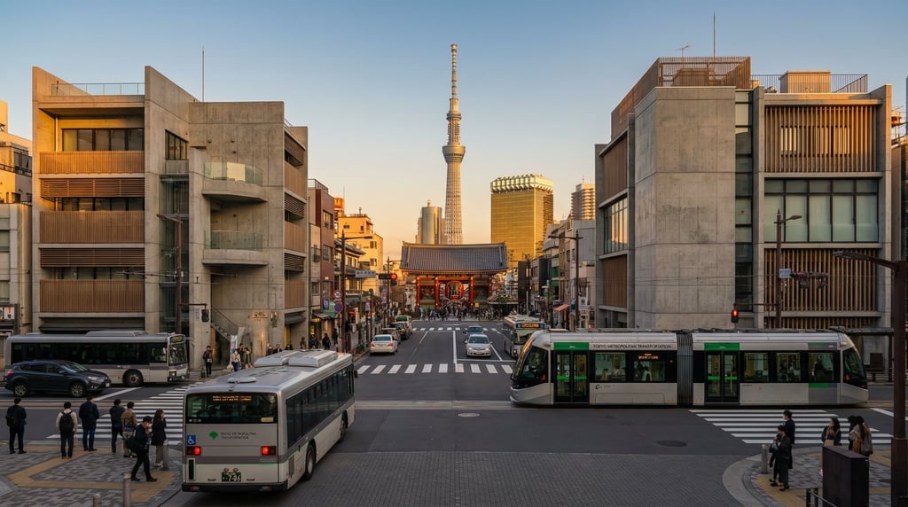Street-level photograph looking down a busy intersection in Tokyo at golden hour