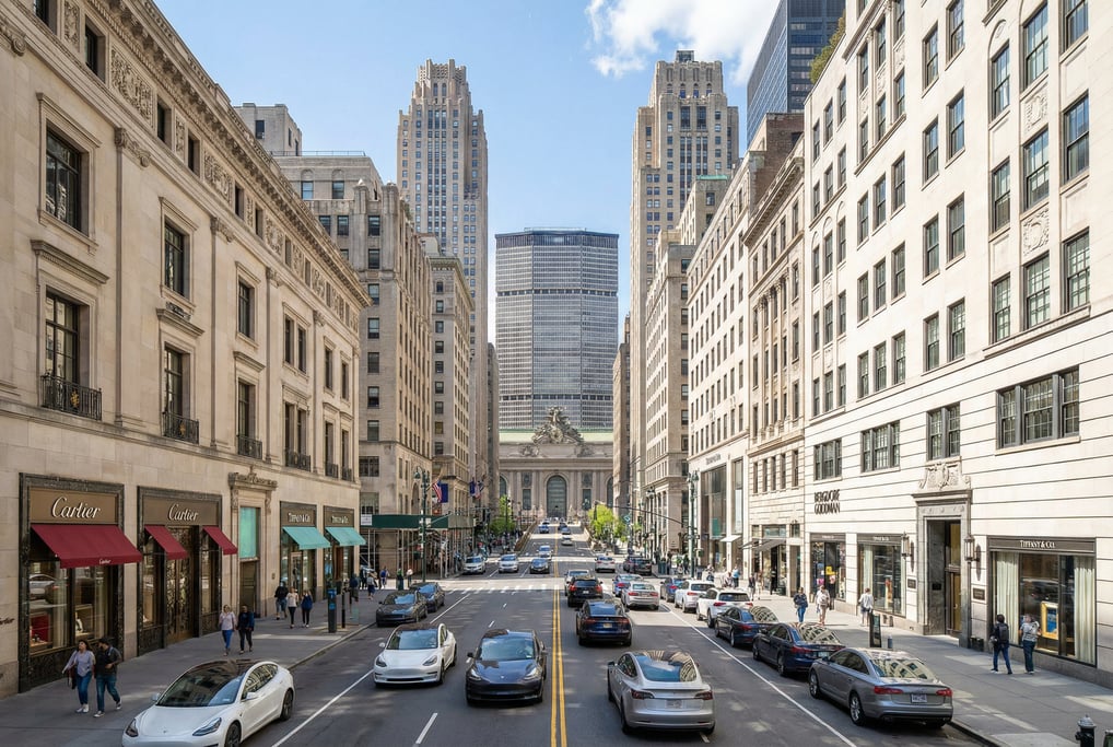 Wide shot of Fifth Avenue with luxury flagship stores in New York City on a clear spring day