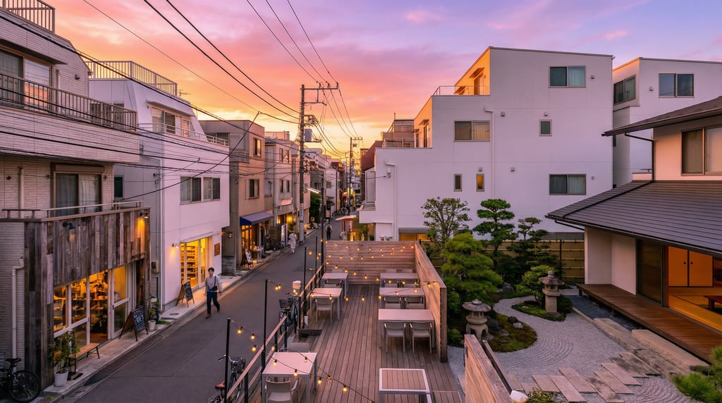 Three-quarter angle view of a narrow Shimokitazawa lane with modern vintage shops in Tokyo at sunset