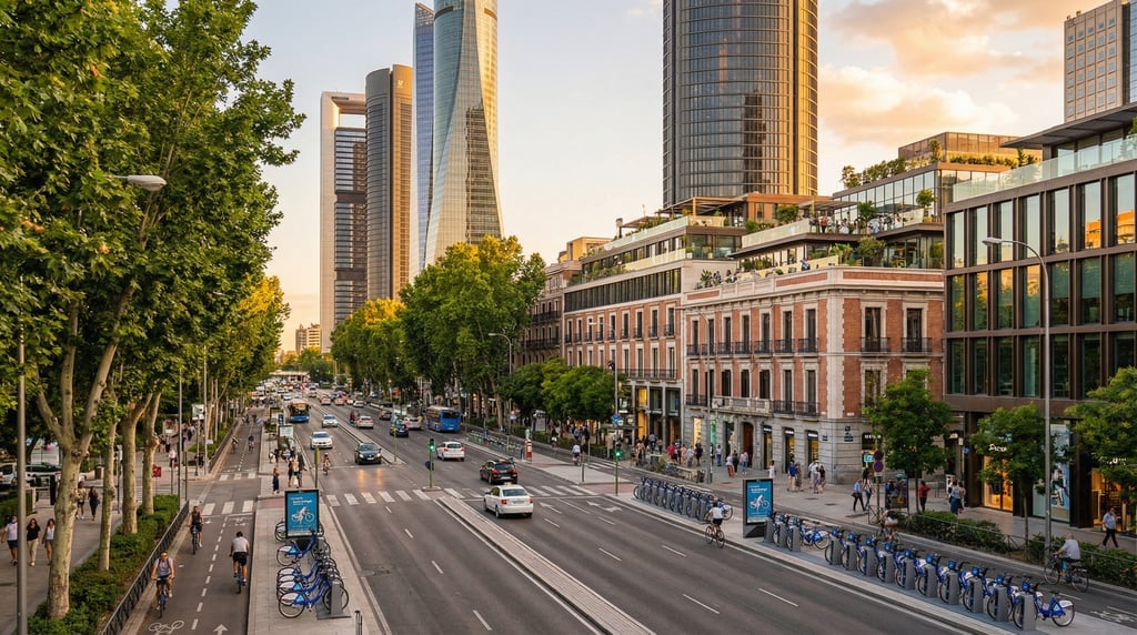 Wide shot of the wide Paseo de la Castellana with modern towers in Madrid at golden hour