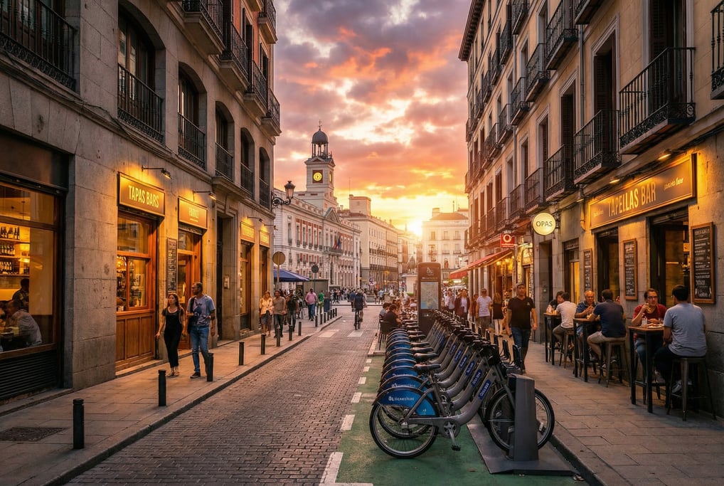 Three-quarter angle view of a narrow Malasaña side street with contemporary tapas bars in Madrid at
