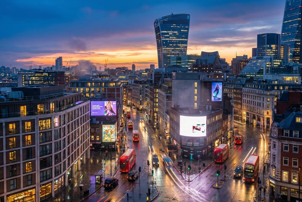 Elevated view from a hillside overlooking London during the magic hour just after sunset
