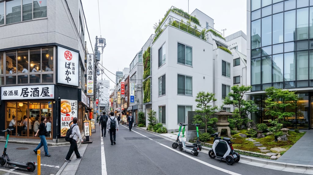 Wide shot of a neon-lit Shinjuku alley with modern izakaya restaurants in Tokyo on a bright overcast