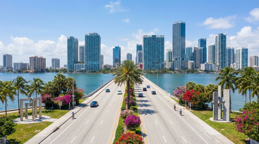 Looking straight down the length of the MacArthur Causeway connecting Miami to South Beach in Miami