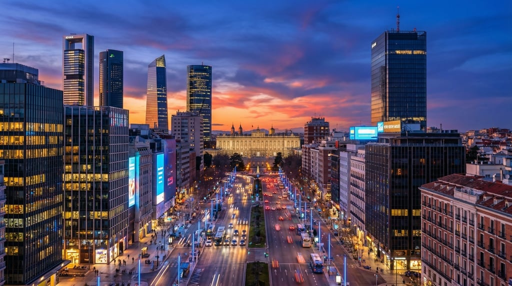 Panoramic view across the wide Paseo de la Castellana with modern towers in Madrid at blue hour dusk