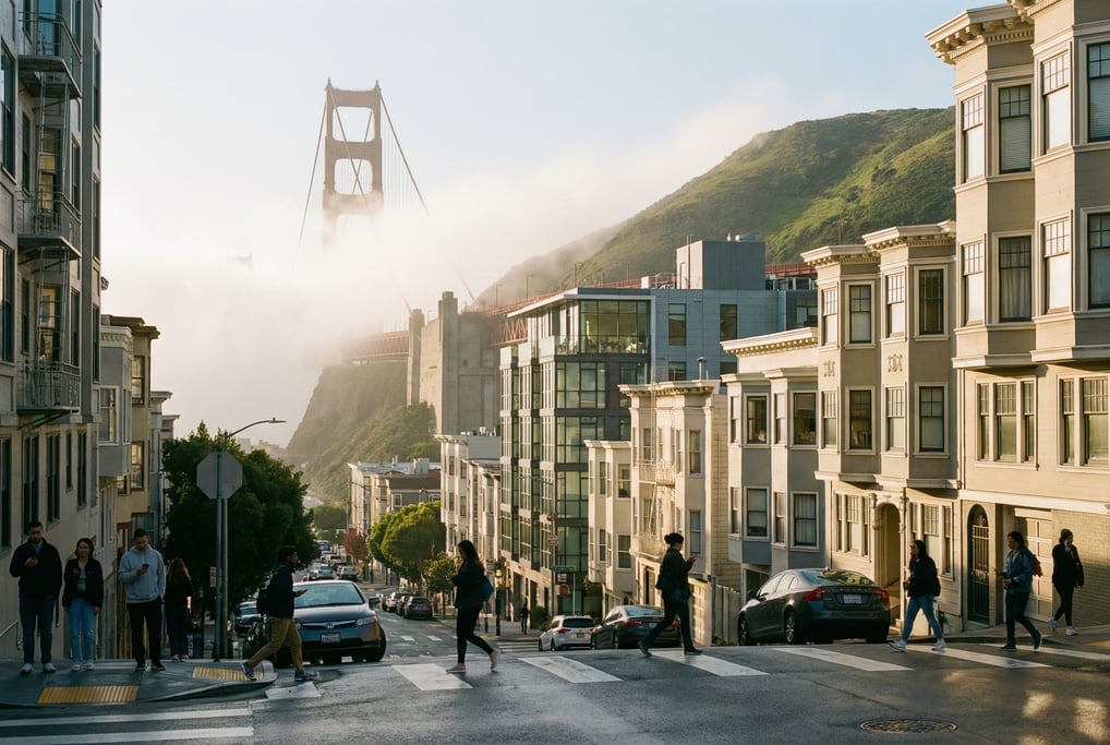 Three-quarter angle view of a fog-draped street in Pacific Heights in San Francisco at golden hour