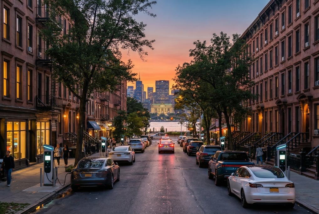 Street-level photograph looking down a tree-lined Brooklyn brownstone street with modern EV chargers