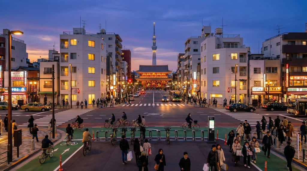 Point-of-view shot walking through a busy intersection in Tokyo at blue hour dusk