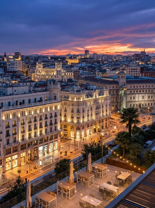 Elevated view from a hillside overlooking Madrid at blue hour dusk
