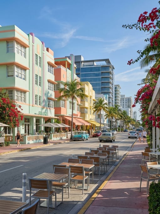 Wide shot of Collins Avenue with a mix of Deco and modern architecture in Miami on a bright clear mo