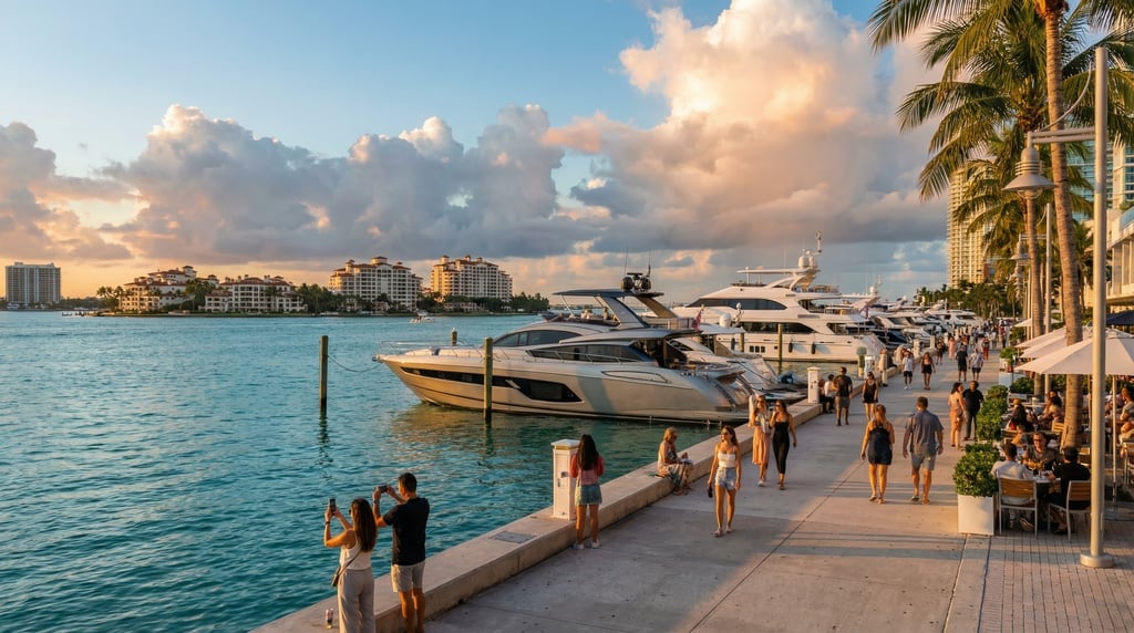 Cinematic wide shot of a waterfront boulevard with modern yachts docked alongside in Miami at golden